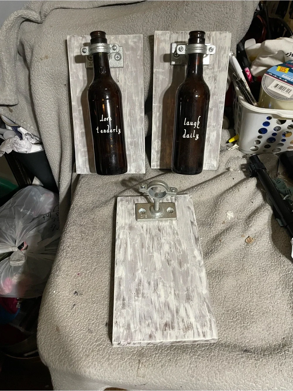 Rustic White Wood Bottle Wall Decor - Brown Glass Bottle Accent